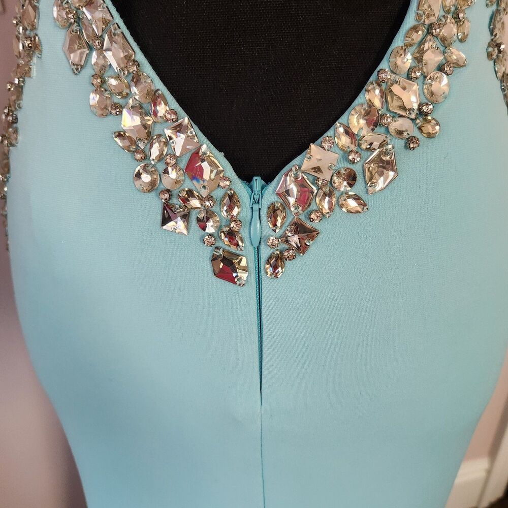 NWT-Jovani Couture Beaded Plunge Gown Tiffany Blue Slit Dress-Size 4 - Picture 13 of 16